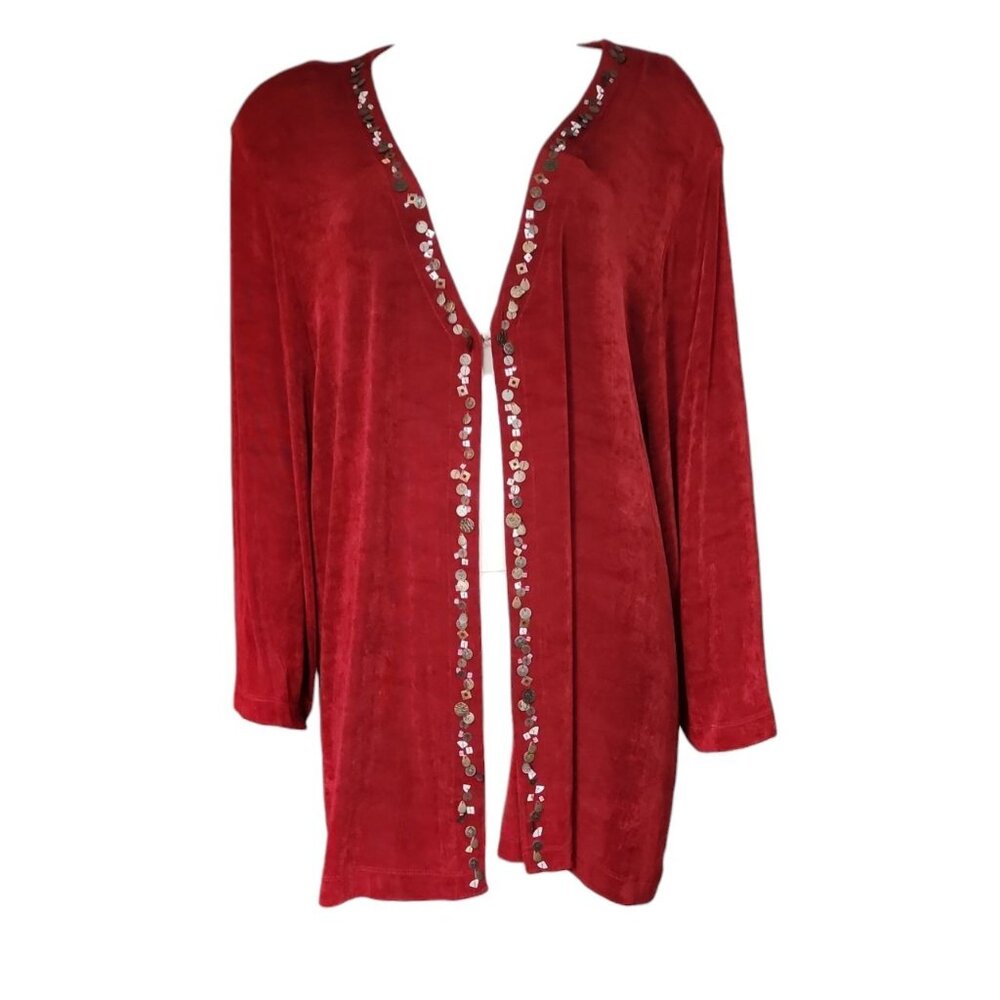 Vikki Vi Cardigan Womens‎ Plus Size 3X Solid All Red Slinky Beaded Long Sleeve